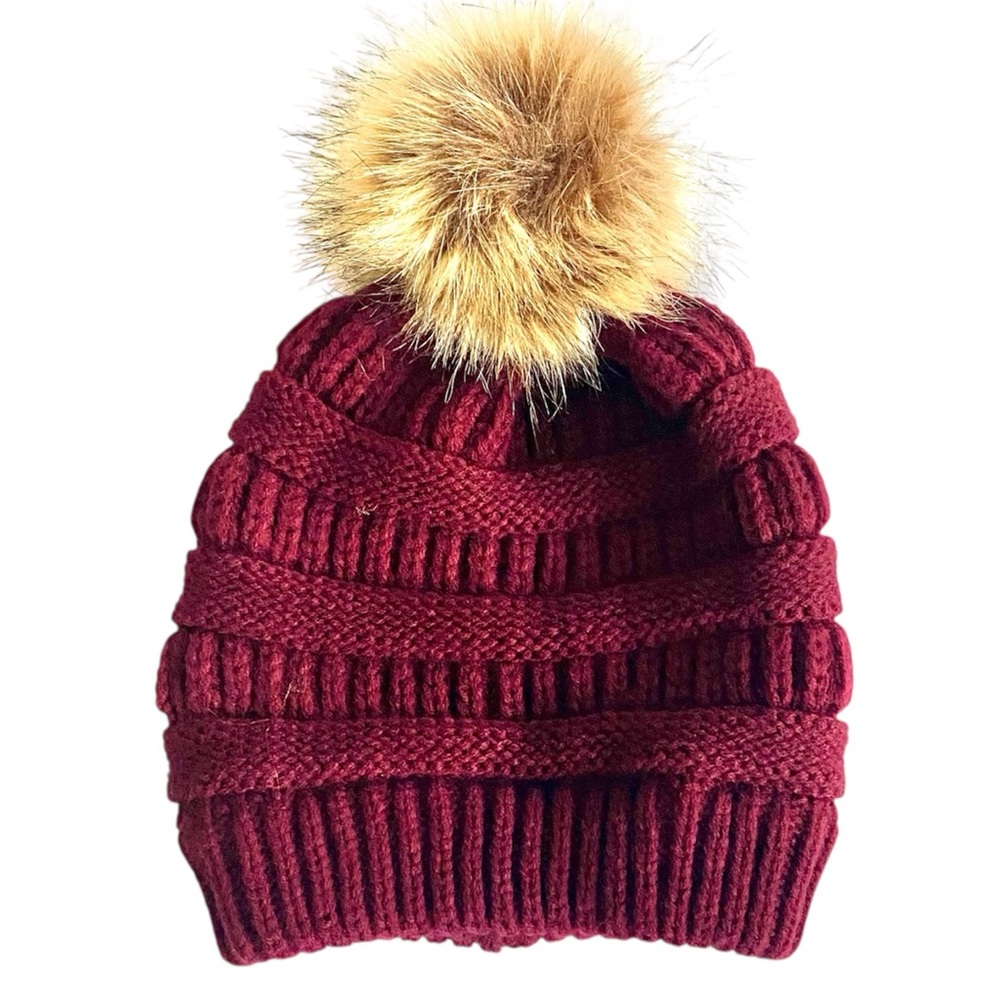 Knit Winter Hat Women’s Burgundy Beanie Tan Faux Fur Pom Pom New